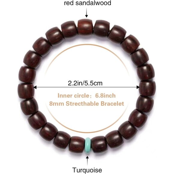 Handmade Red Sandalwood Mala Beads Bracelet with Turquoise - Unisex Meditation J - Picture 2 of 7